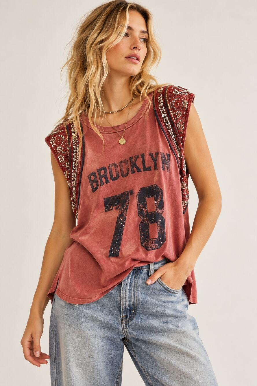 Free People We The Free Summer Nights Brooklyn Embellished Tee, Rust Red (XS)
